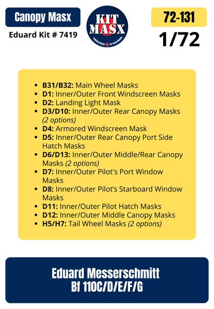 Eduard Messerschmitt Bf 110C/D/E/F/G 1/72 Canopy & Wheel Paint Masks, Kit # 7419