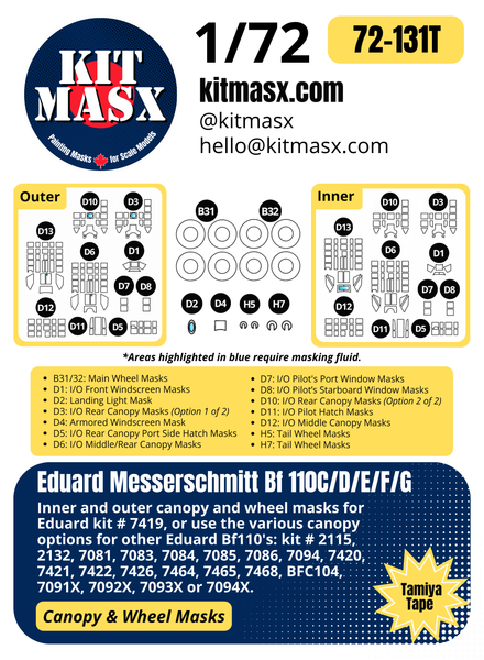 Eduard Messerschmitt Bf 110C/D/E/F/G 1/72 Canopy & Wheel Paint Masks