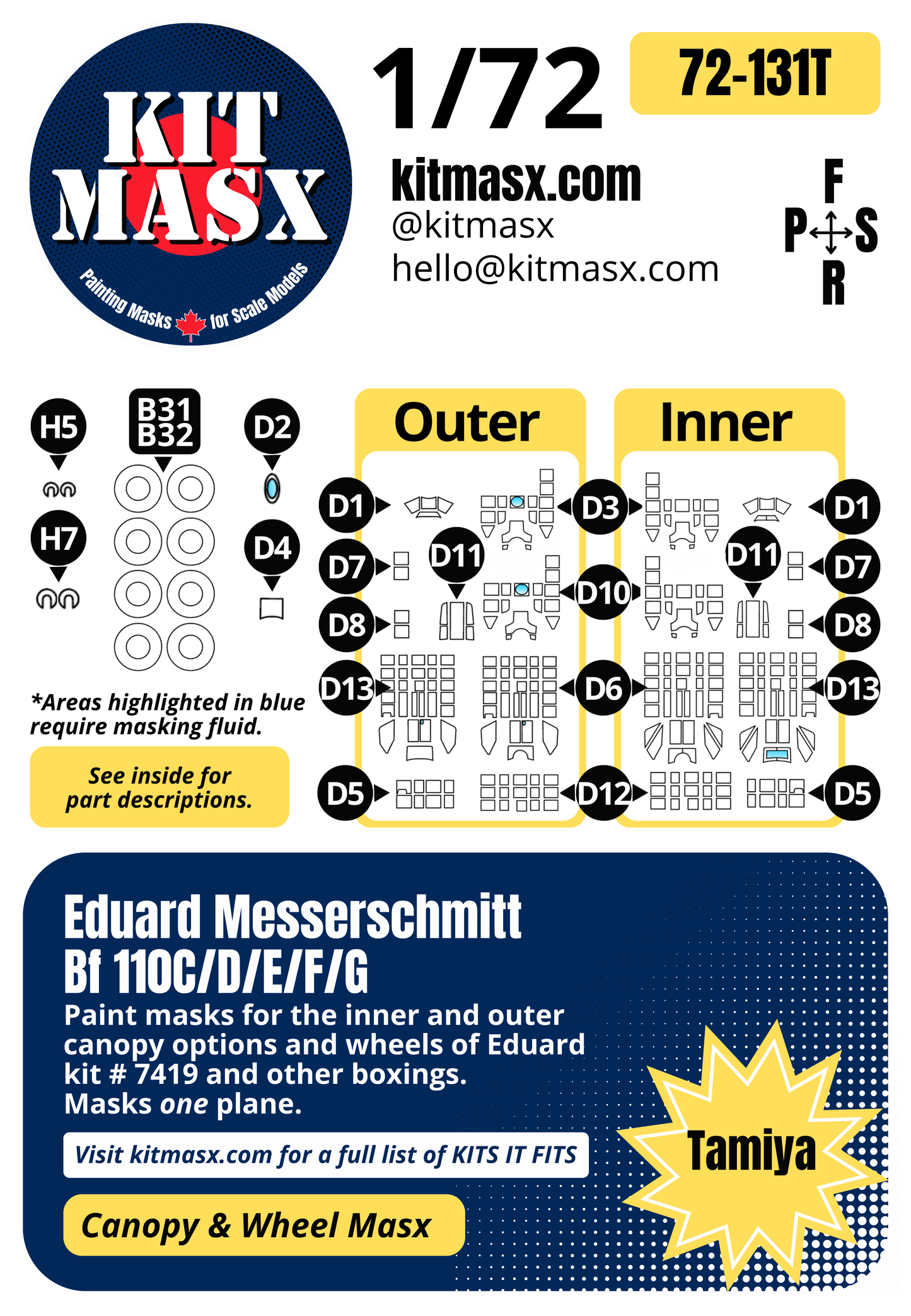 Eduard Messerschmitt Bf 110C/D/E/F/G 1/72 Canopy & Wheel Paint Masks, Kit # 7419