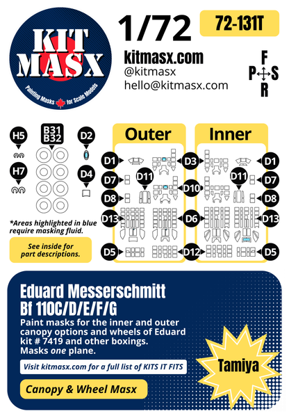 Eduard Messerschmitt Bf 110C/D/E/F/G 1/72 Canopy & Wheel Paint Masks, Kit # 7419