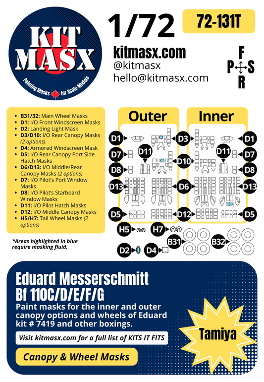 Eduard Messerschmitt Bf 110C/D/E/F/G 1/72 Canopy & Wheel Paint Masks, Kit # 7419