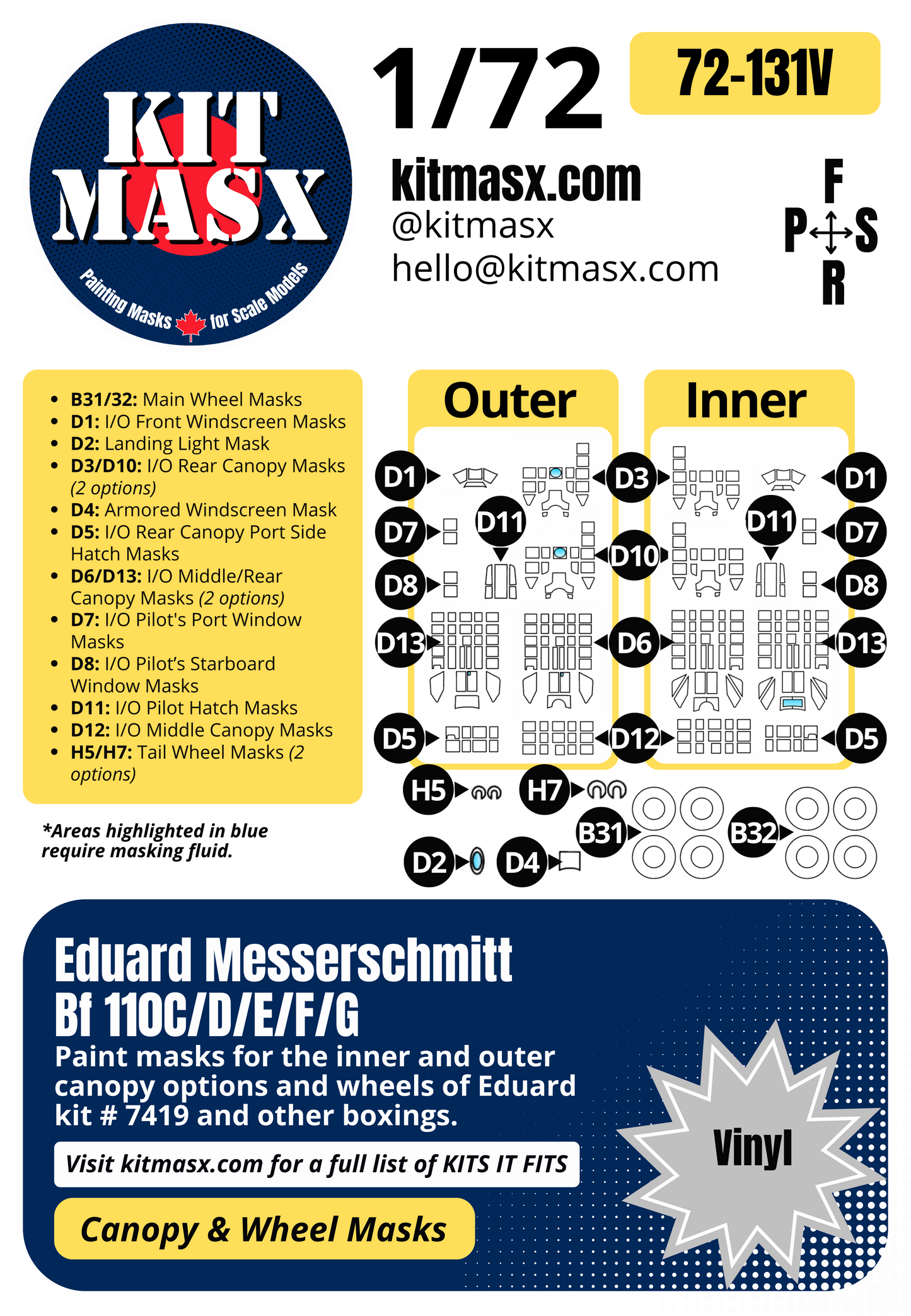 Eduard Messerschmitt Bf 110C/D/E/F/G 1/72 Canopy & Wheel Paint Masks, Kit # 7419