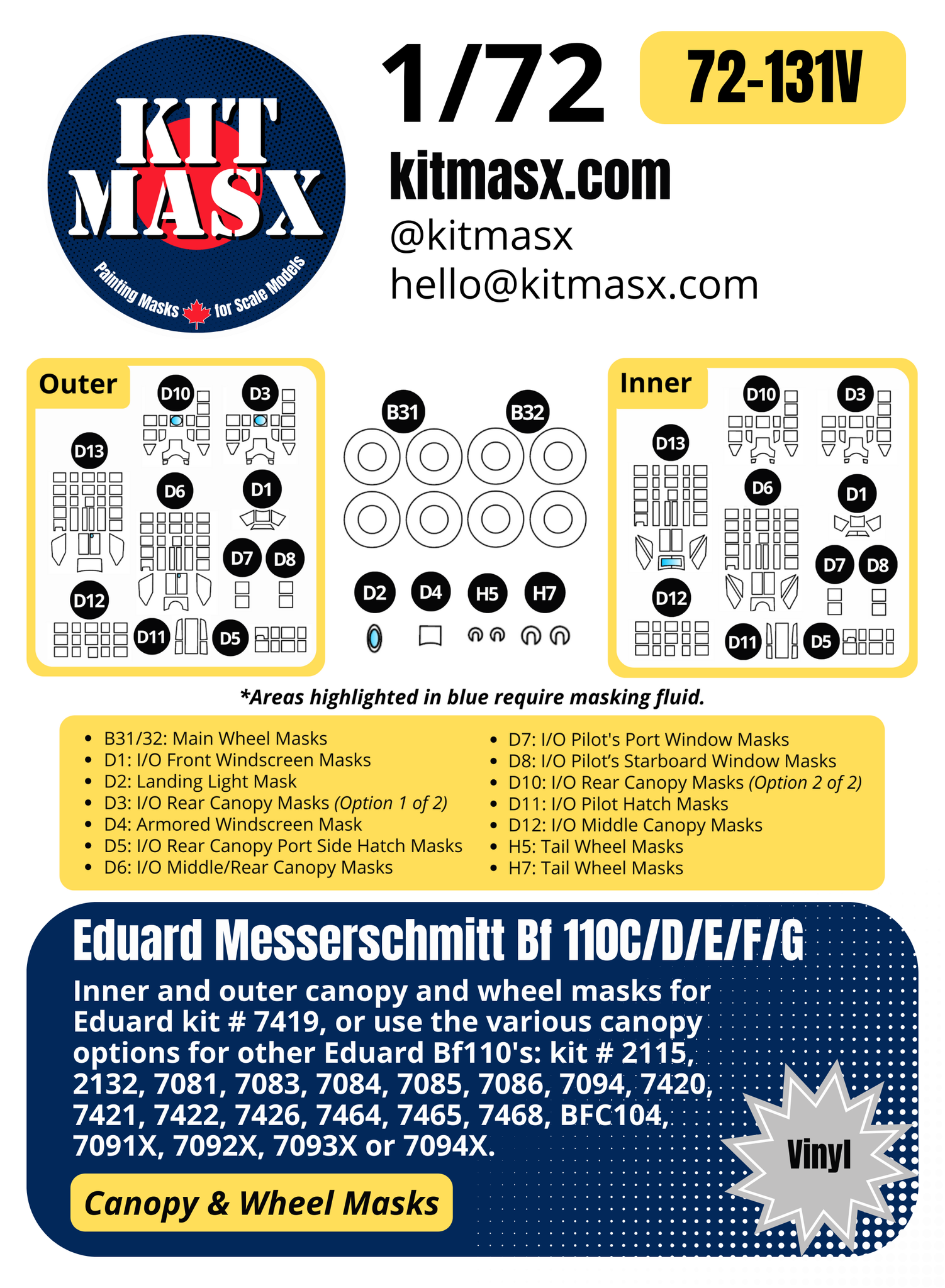 Eduard Messerschmitt Bf 110C/D/E/F/G 1/72 Canopy & Wheel Paint Masks