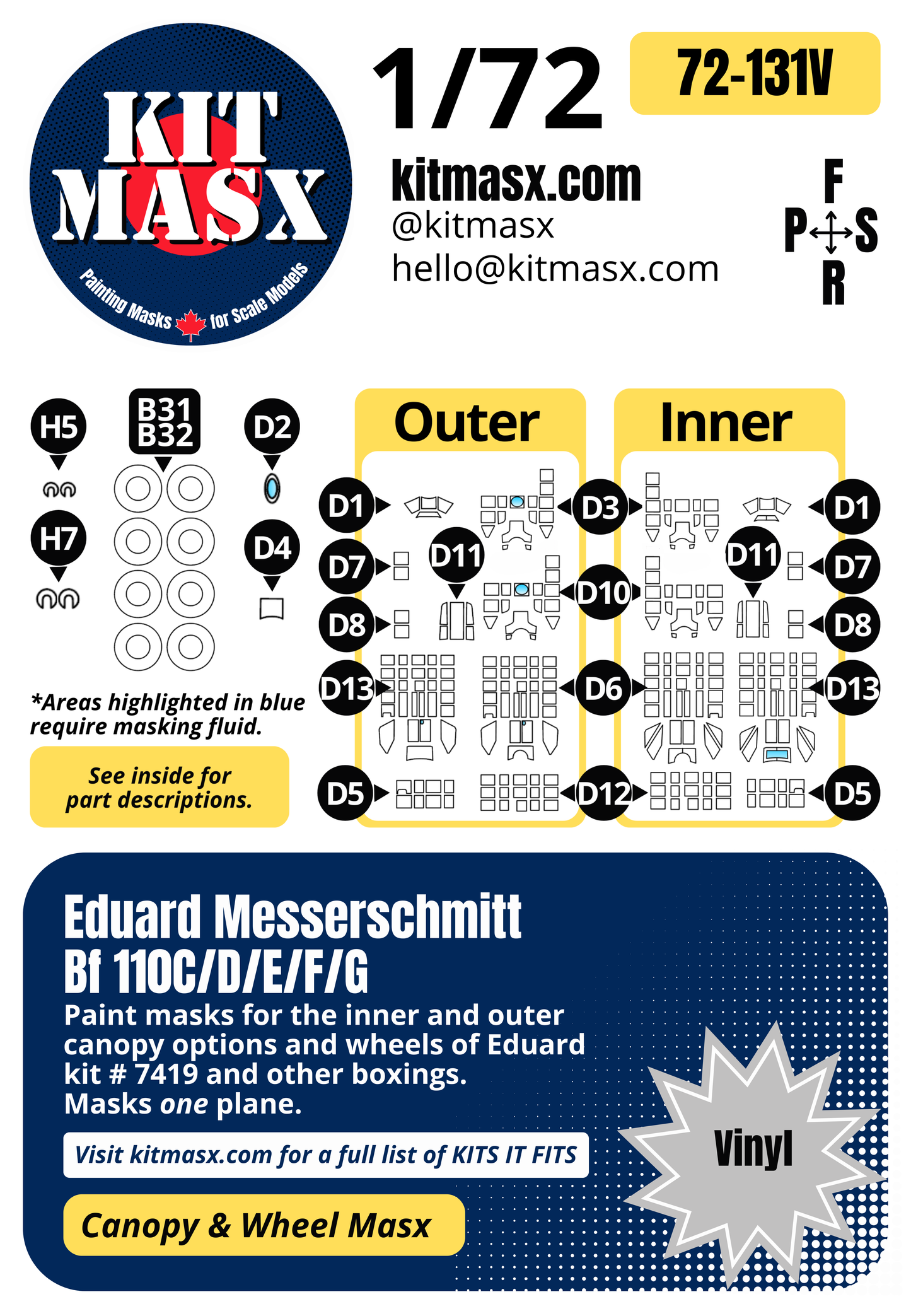 Eduard Messerschmitt Bf 110C/D/E/F/G 1/72 Canopy & Wheel Paint Masks, Kit # 7419
