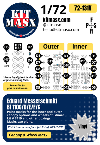 Eduard Messerschmitt Bf 110C/D/E/F/G 1/72 Canopy & Wheel Paint Masks, Kit # 7419