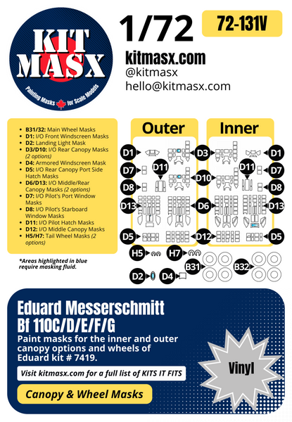 Eduard Messerschmitt Bf 110C/D/E/F/G 1/72 Canopy & Wheel Paint Masks, Kit # 7419