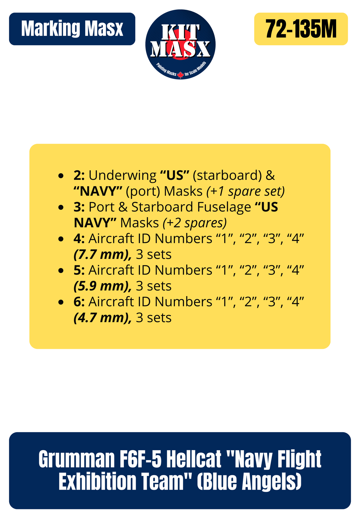 Grumman F6F-5 Hellcat "Navy Flight Exhibition Team" (Blue Angels) 1/72 Main Marking Paint Masks