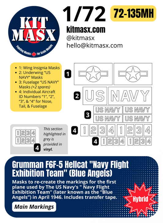 Grumman F6F-5 Hellcat "Navy Flight Exhibition Team" (Blue Angels) 1/72 Main Marking Paint Masks