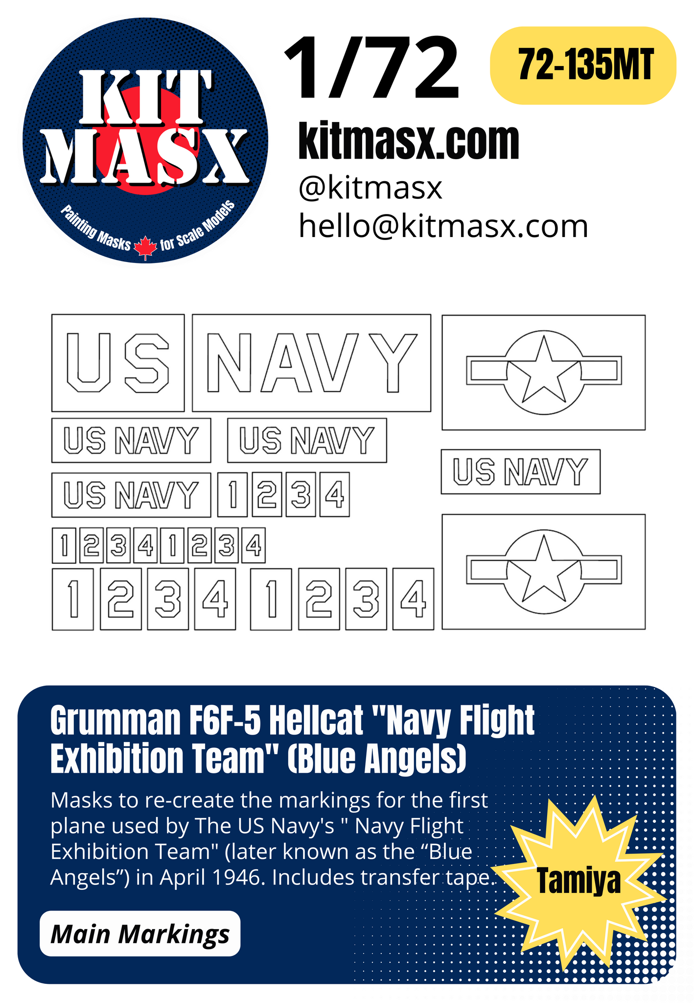 Grumman F6F-5 Hellcat "Navy Flight Exhibition Team" (Blue Angels) 1/72 Main Marking Paint Masks