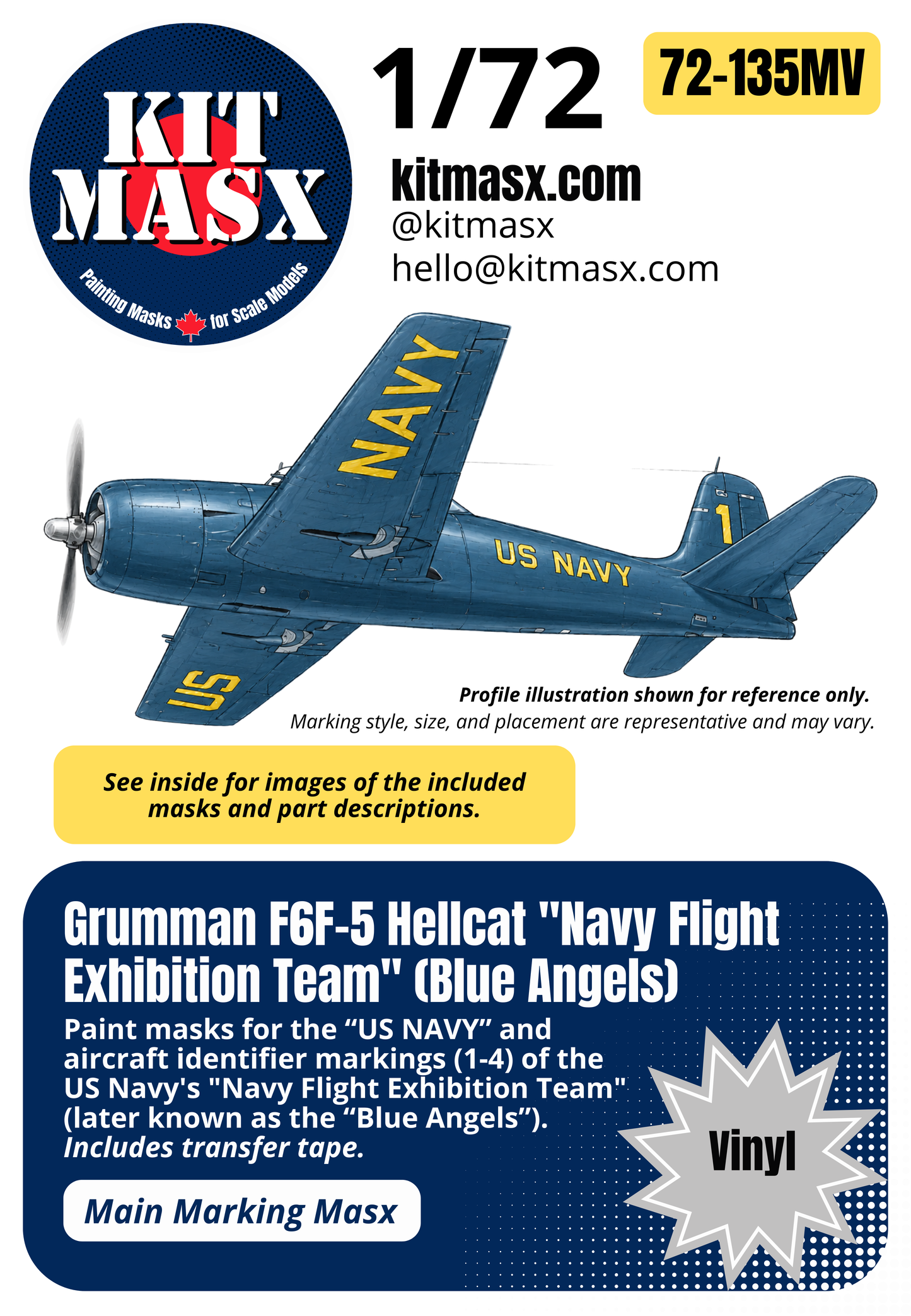 Grumman F6F-5 Hellcat "Navy Flight Exhibition Team" (Blue Angels) 1/72 Main Marking Paint Masks