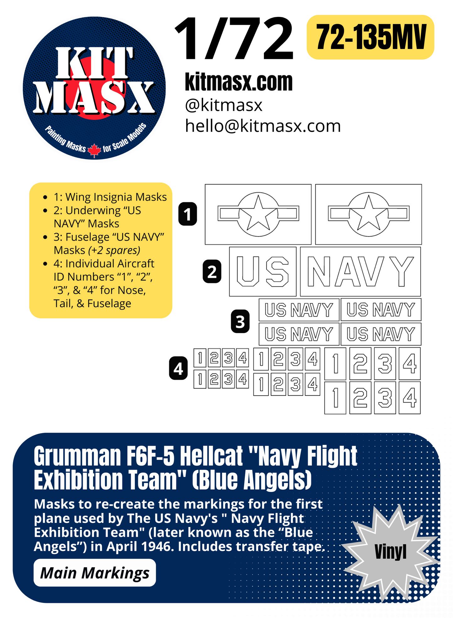 Grumman F6F-5 Hellcat "Navy Flight Exhibition Team" (Blue Angels) 1/72 Main Marking Paint Masks