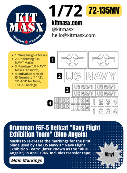 Grumman F6F-5 Hellcat "Navy Flight Exhibition Team" (Blue Angels) 1/72 Main Marking Paint Masks