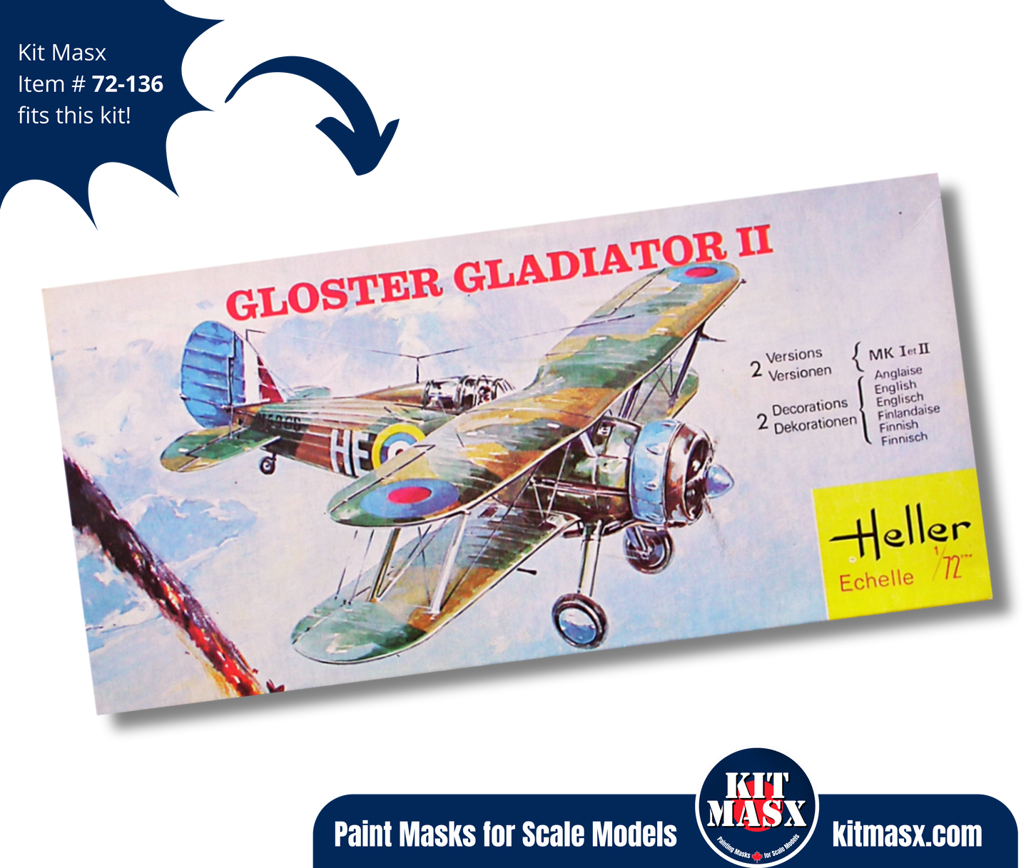 Heller Gloster Gladiator Mk. I/II 1/72 Canopy & Wheel Paint Masks, Kit # 153