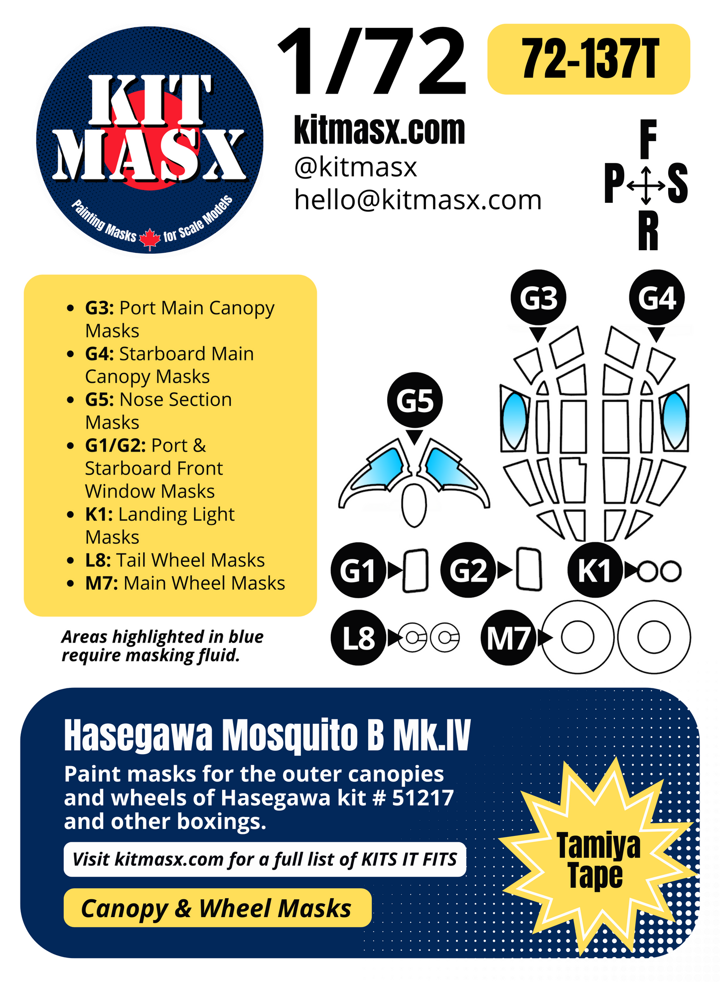 Hasegawa Mosquito B Mk.IV 1/72 Canopy & Wheel Paint Masks, Kit # 51217