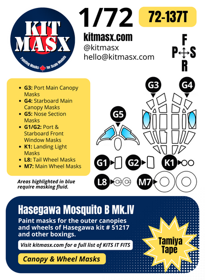Hasegawa Mosquito B Mk.IV 1/72 Canopy & Wheel Paint Masks, Kit # 51217
