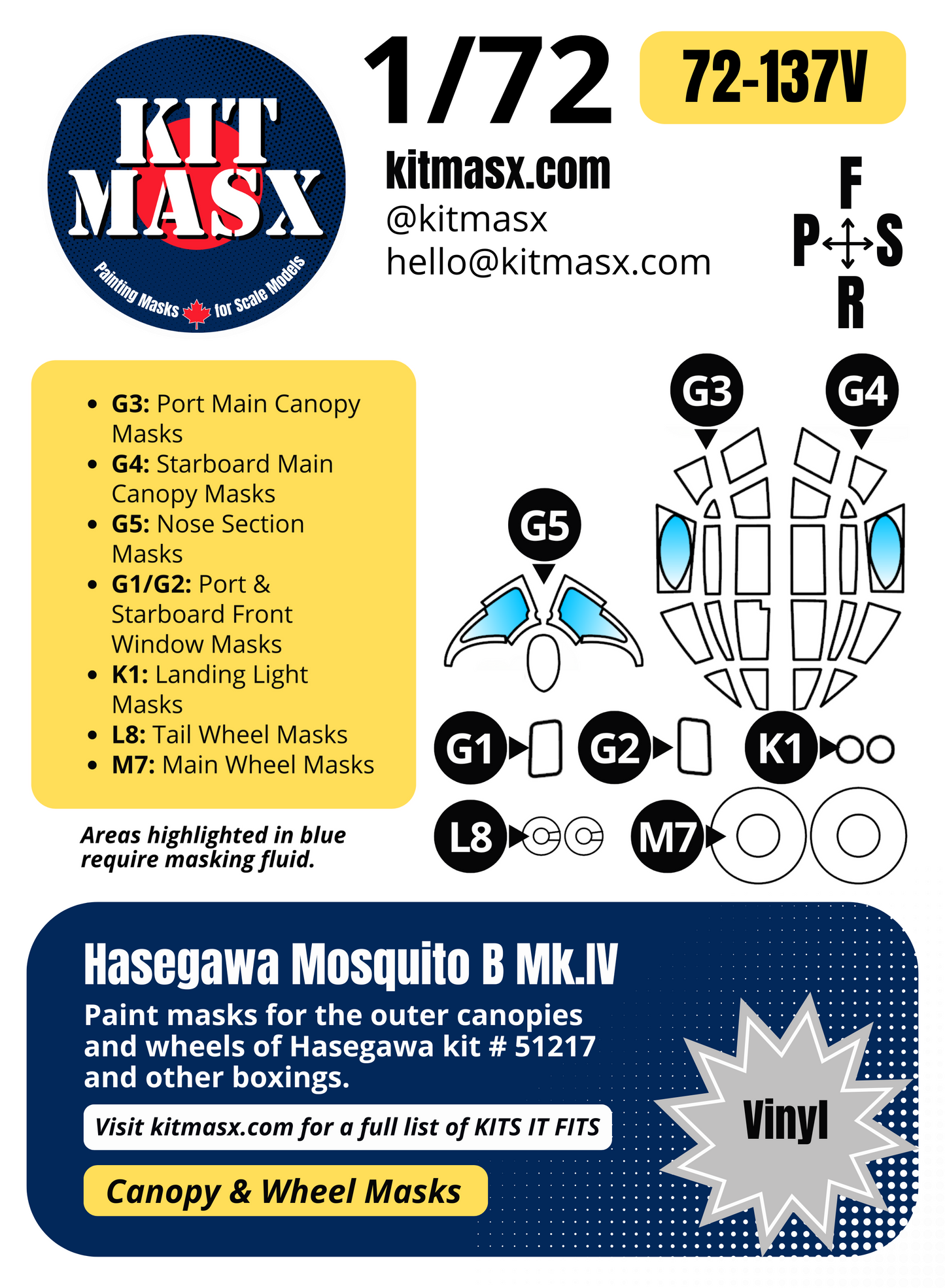 Hasegawa Mosquito B Mk.IV 1/72 Canopy & Wheel Paint Masks, Kit # 51217