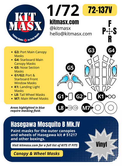 Hasegawa Mosquito B Mk.IV 1/72 Canopy & Wheel Paint Masks, Kit # 51217
