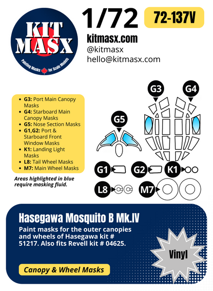 Hasegawa Mosquito B Mk.IV 1/72 Canopy & Wheel Paint Masks, Kit # 51217