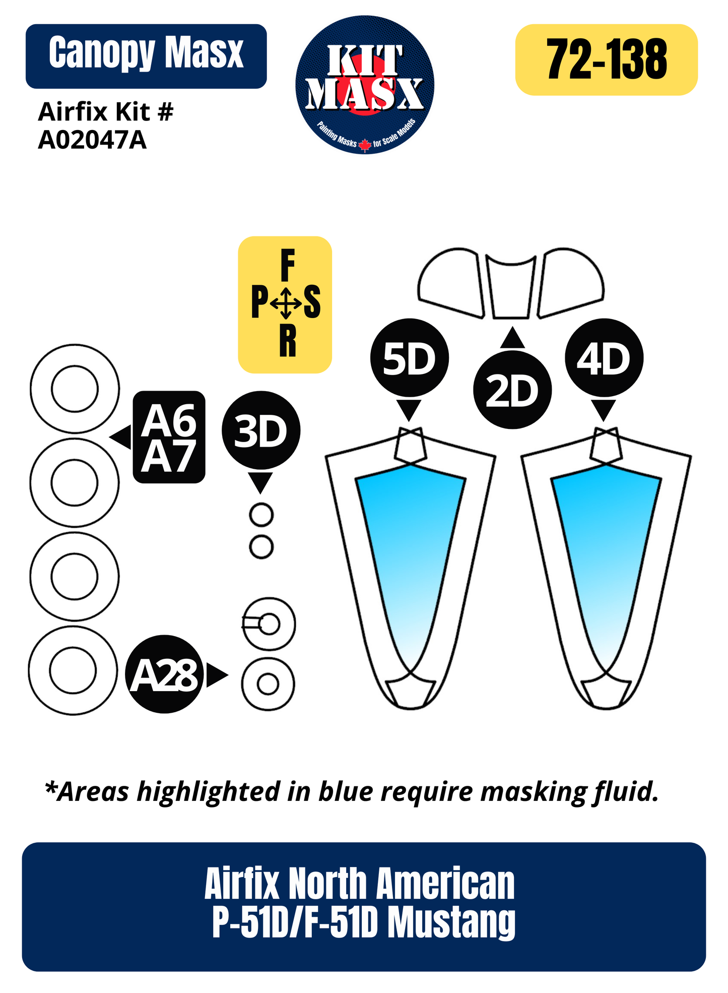 Airfix North American P-51D/F-51D Mustang 1/72 Canopy & Wheel Paint Masks, Kit # A02047A
