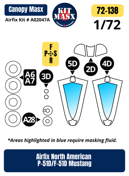 Airfix North American P-51D/F-51D Mustang 1/72 Canopy & Wheel Paint Masks, Kit # A02047A (72138)