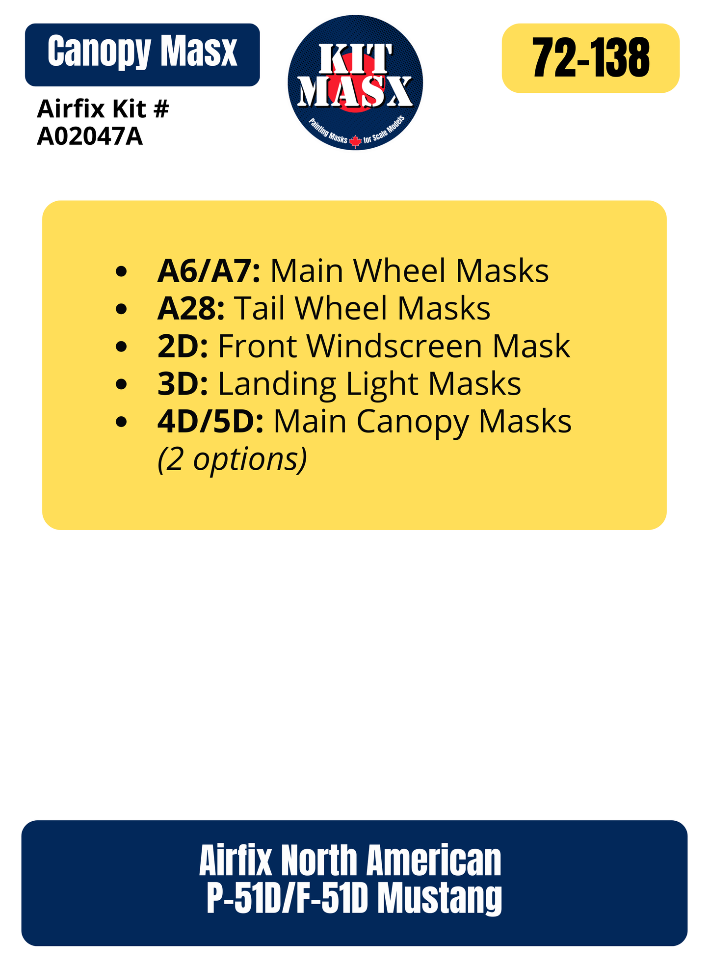 Airfix North American P-51D/F-51D Mustang 1/72 Canopy & Wheel Paint Masks, Kit # A02047A