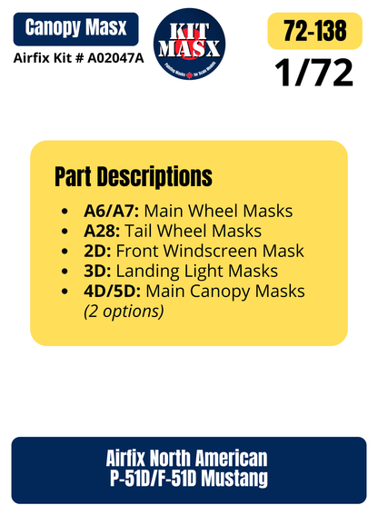 Airfix North American P-51D/F-51D Mustang 1/72 Canopy & Wheel Paint Masks, Kit # A02047A (72138)