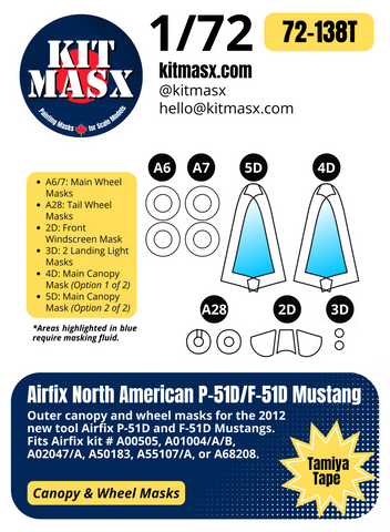 Airfix North American P-51D/F-51D Mustang 1/72 Canopy & Wheel Paint Masks, Kit # A02047A