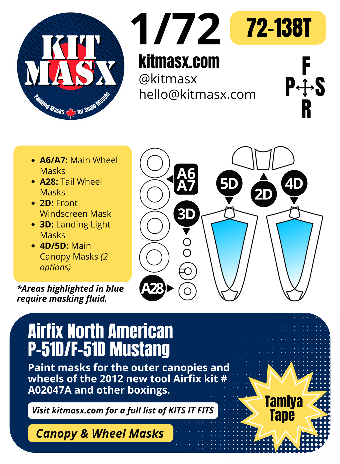 Airfix North American P-51D/F-51D Mustang 1/72 Canopy & Wheel Paint Masks, Kit # A02047A