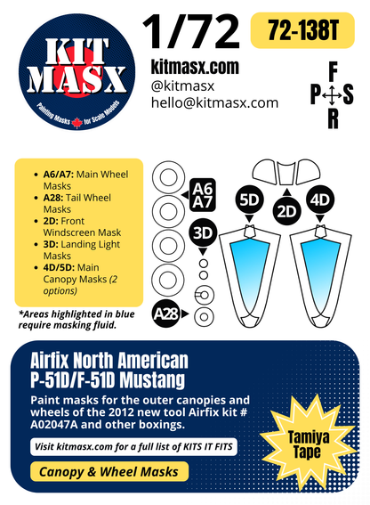 Airfix North American P-51D/F-51D Mustang 1/72 Canopy & Wheel Paint Masks, Kit # A02047A