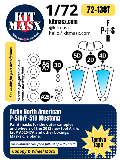Airfix North American P-51D/F-51D Mustang 1/72 Canopy & Wheel Paint Masks, Kit # A02047A