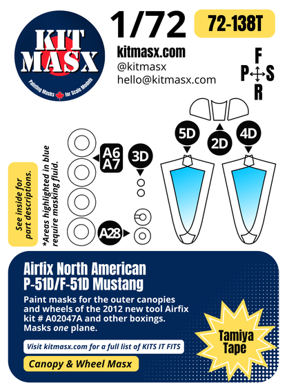 Airfix North American P-51D/F-51D Mustang 1/72 Canopy & Wheel Paint Masks, Kit # A02047A (72138)