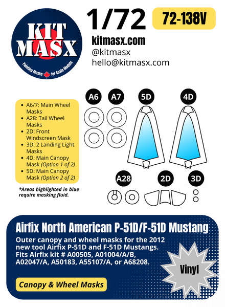 Airfix North American P-51D/F-51D Mustang 1/72 Canopy & Wheel Paint Masks