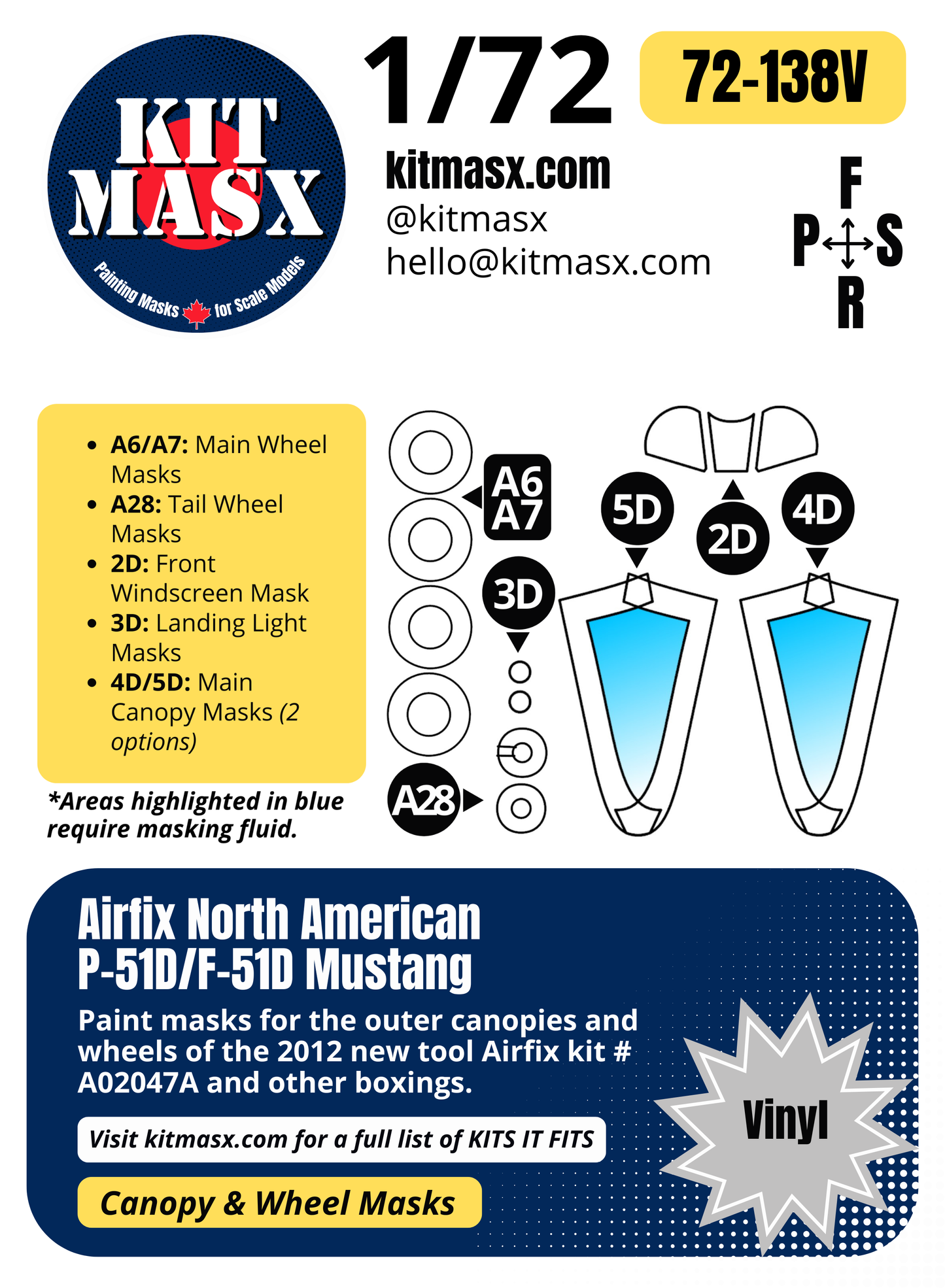 Airfix North American P-51D/F-51D Mustang 1/72 Canopy & Wheel Paint Masks, Kit # A02047A