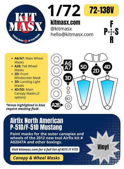 Airfix North American P-51D/F-51D Mustang 1/72 Canopy & Wheel Paint Masks, Kit # A02047A