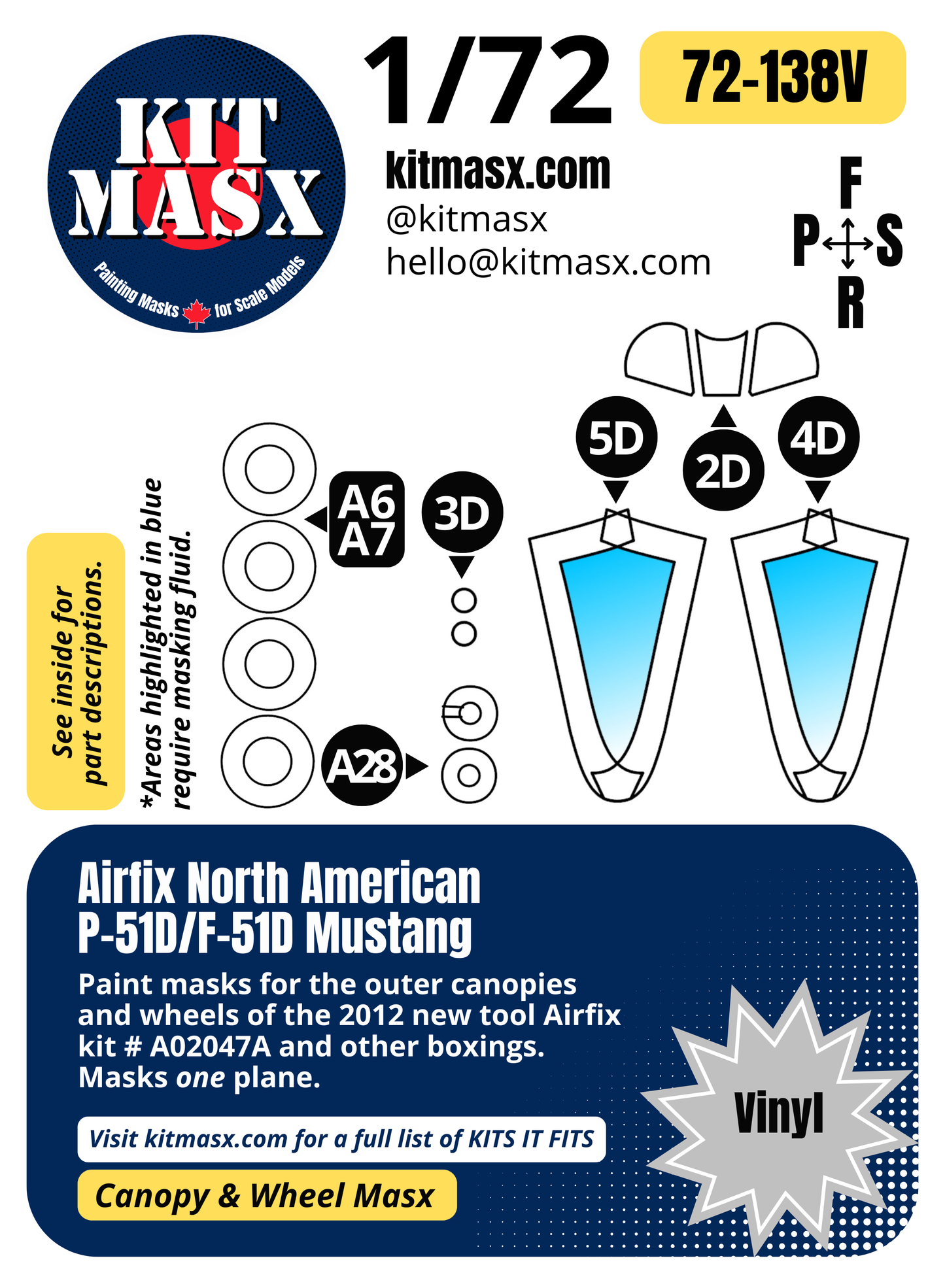 Airfix North American P-51D/F-51D Mustang 1/72 Canopy & Wheel Paint Masks, Kit # A02047A (72138)