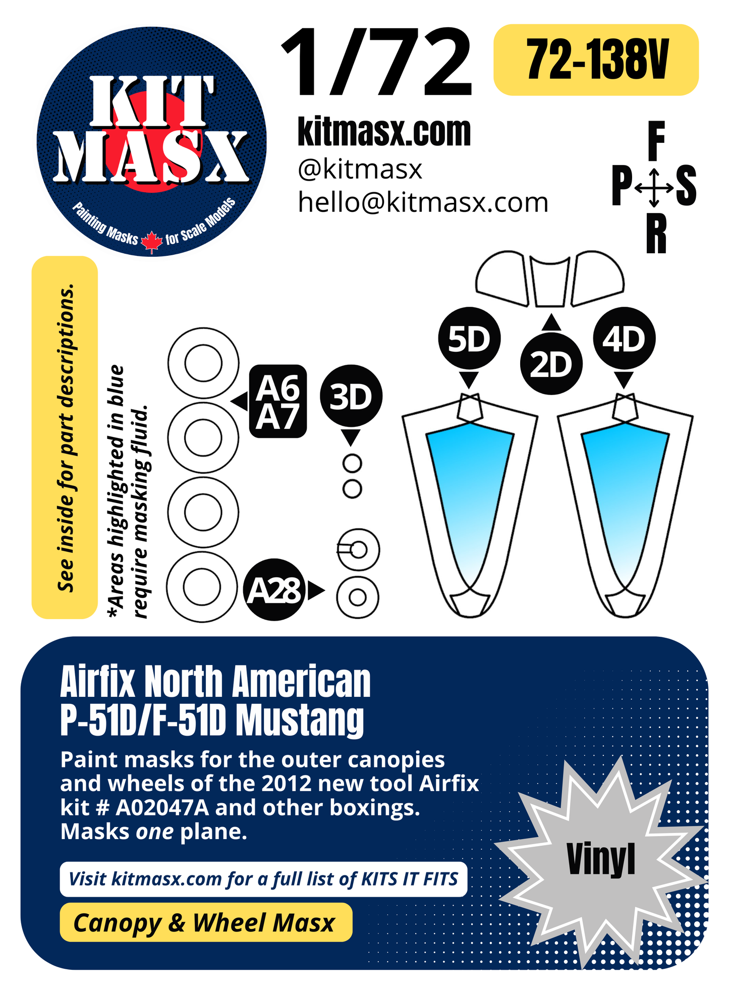 Airfix North American P-51D/F-51D Mustang 1/72 Canopy & Wheel Paint Masks, Kit # A02047A