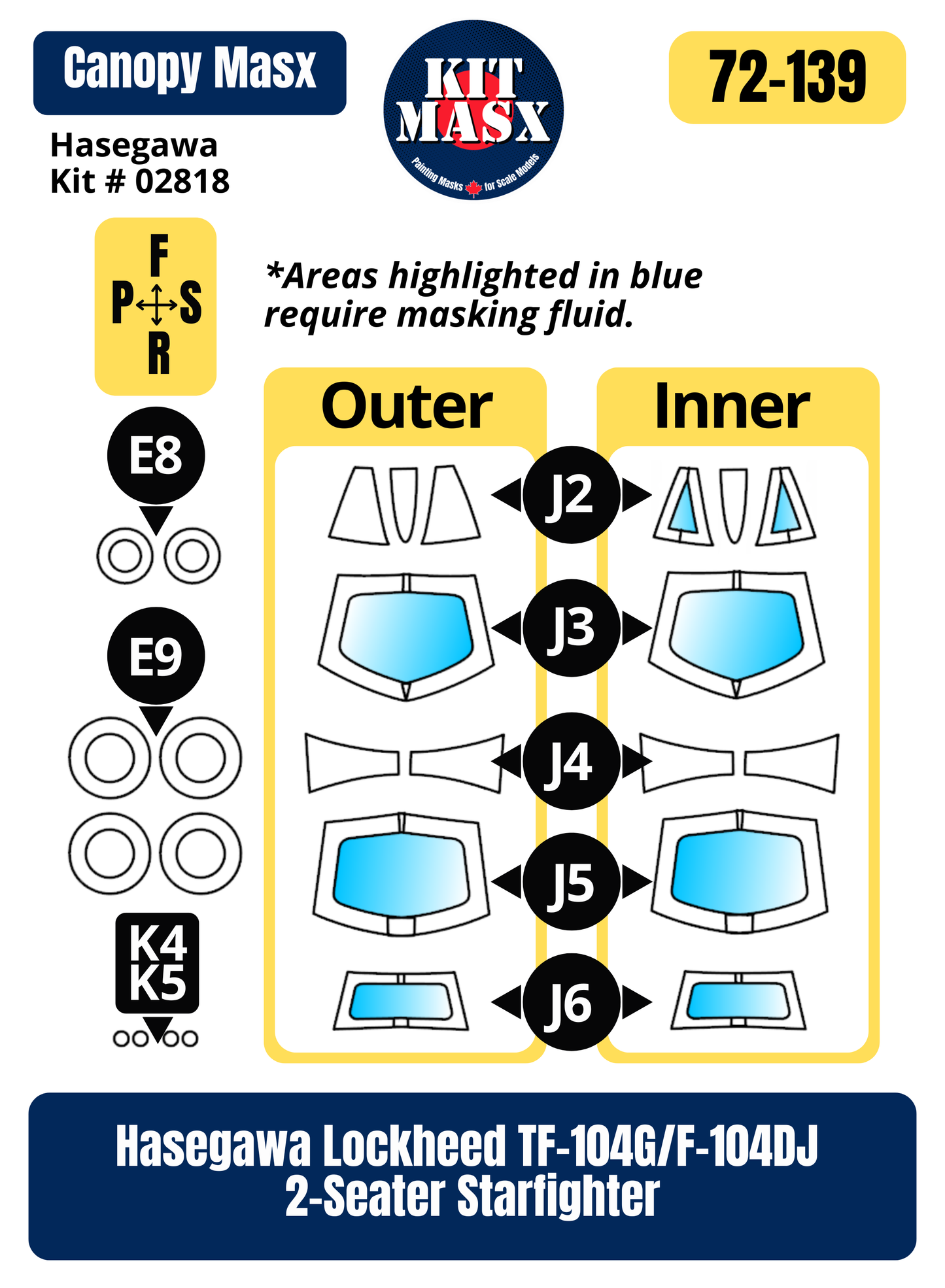 Hasegawa Lockheed TF-104G/F-104DJ 2-Seater Starfighter 1/72 Canopy & Wheel Paint Masks, Kit # 02818