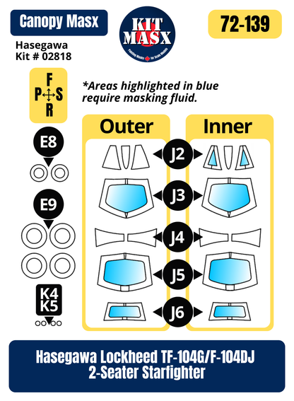 Hasegawa Lockheed TF-104G/F-104DJ 2-Seater Starfighter 1/72 Canopy & Wheel Paint Masks, Kit # 02818