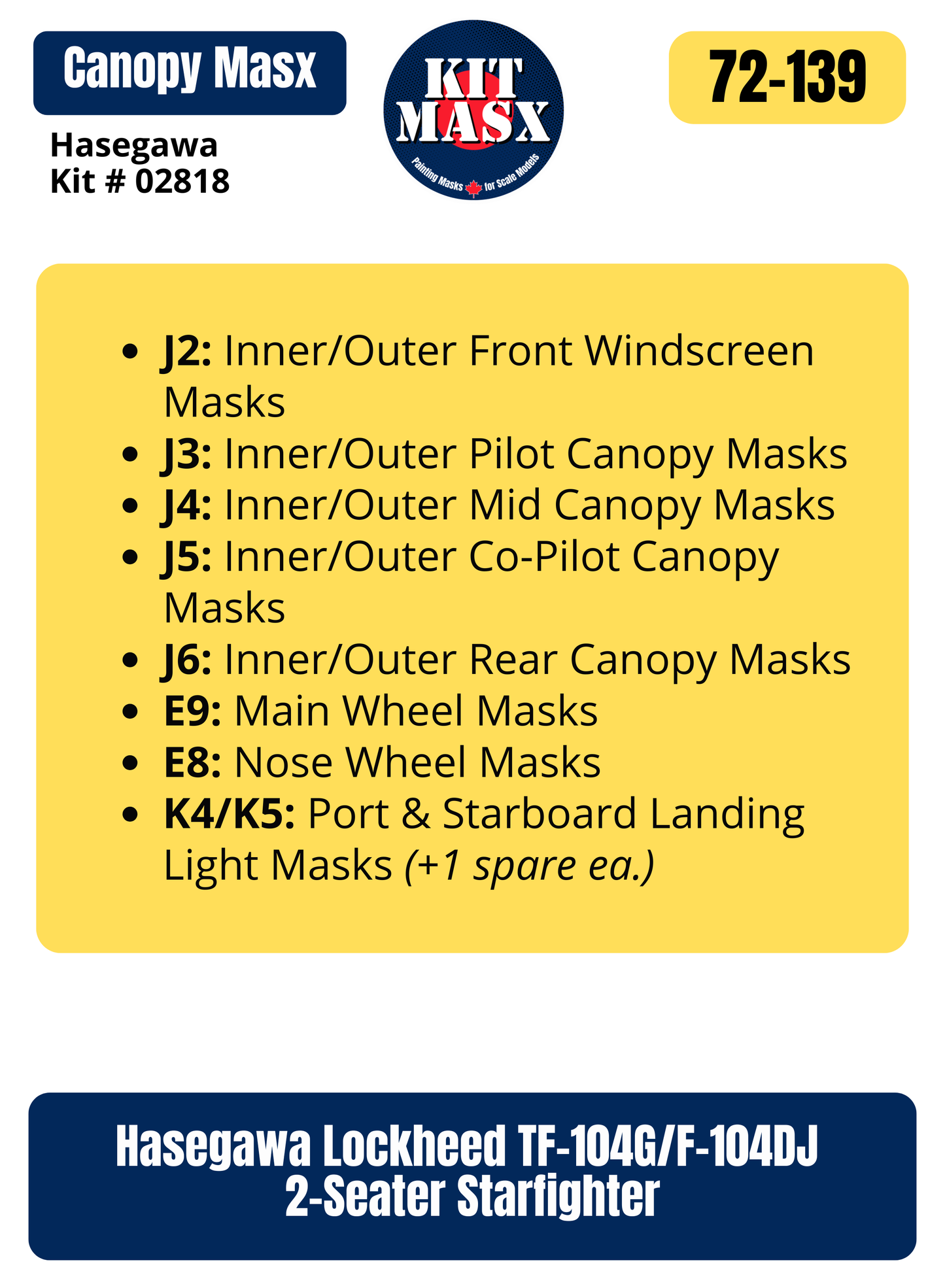 Hasegawa Lockheed TF-104G/F-104DJ 2-Seater Starfighter 1/72 Canopy & Wheel Paint Masks, Kit # 02818