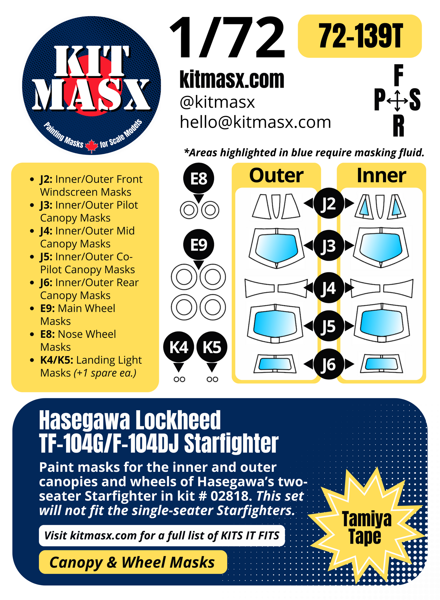 Hasegawa Lockheed TF-104G/F-104DJ Starfighter 1/72 Canopy & Wheel Paint Masks, Kit # 02818