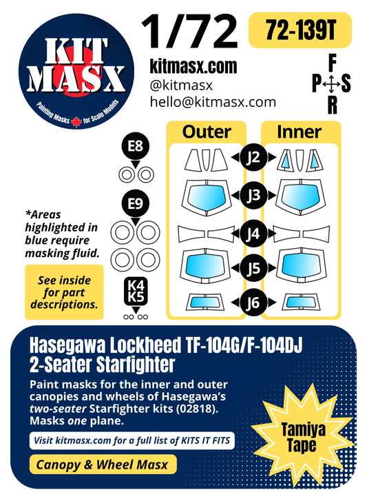Hasegawa Lockheed TF-104G/F-104DJ 2-Seater Starfighter 1/72 Canopy & Wheel Paint Masks, Kit # 02818