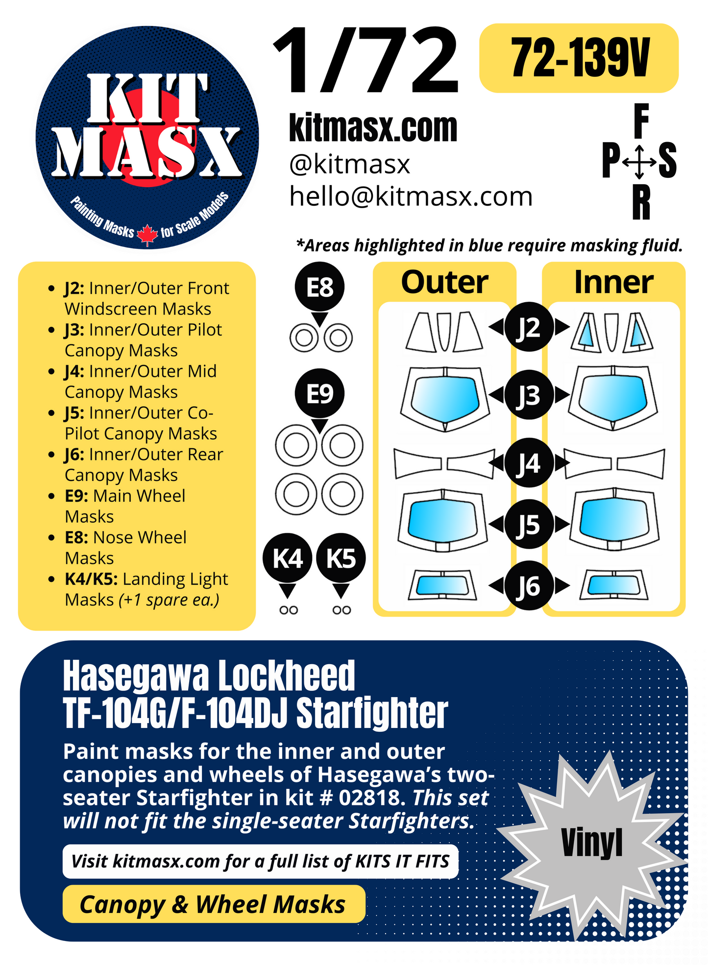Hasegawa Lockheed TF-104G/F-104DJ Starfighter 1/72 Canopy & Wheel Paint Masks, Kit # 02818