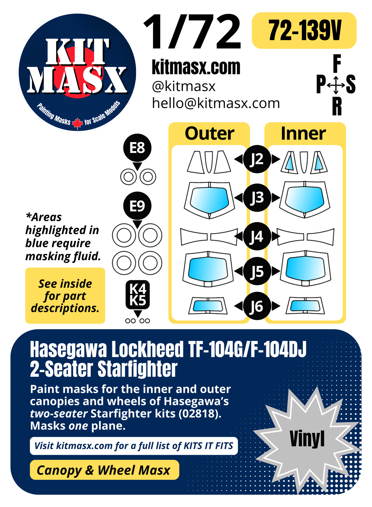Hasegawa Lockheed TF-104G/F-104DJ 2-Seater Starfighter 1/72 Canopy & Wheel Paint Masks, Kit # 02818