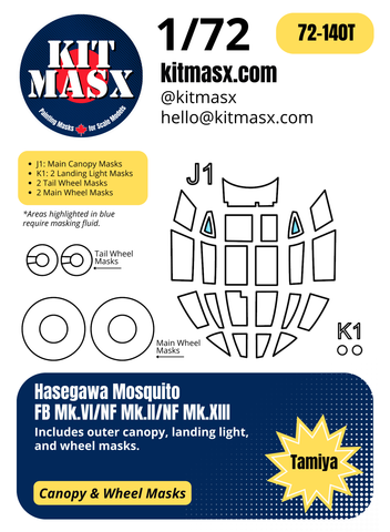 Hasegawa Mosquito FB Mk.VI, NF Mk.II, NF Mk.XIII 1/72 Canopy & Wheel Paint Masks, Kit # 00750