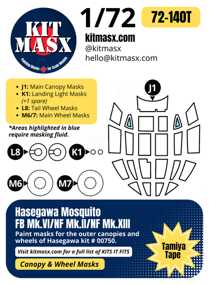 Hasegawa Mosquito FB Mk.VI, FB Mk.18, NF Mk.II, NF Mk.XIII 1/72 Canopy & Wheel Paint Masks, Kit # 00750