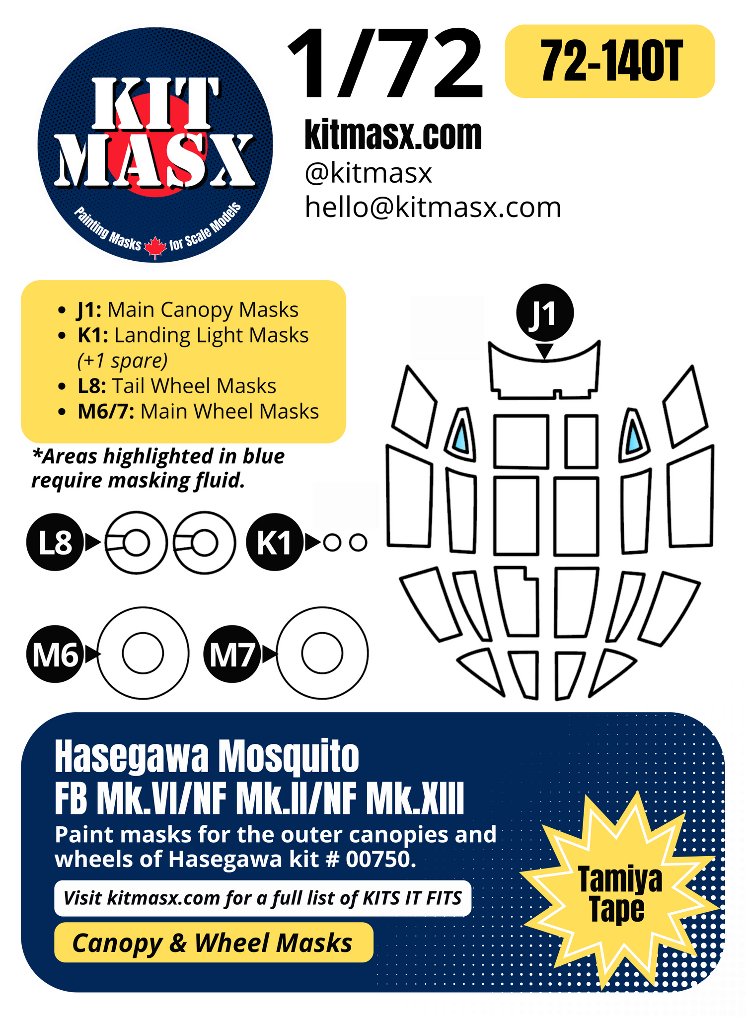 Hasegawa Mosquito FB Mk.VI, NF Mk.II, NF Mk.XIII 1/72 Canopy & Wheel Paint Masks, Kit # 00750