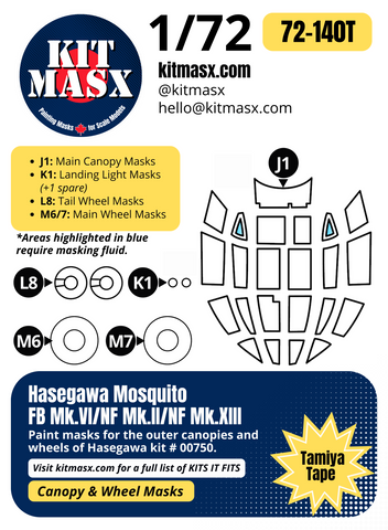 Hasegawa Mosquito FB Mk.VI, NF Mk.II, NF Mk.XIII 1/72 Canopy & Wheel Paint Masks, Kit # 00750