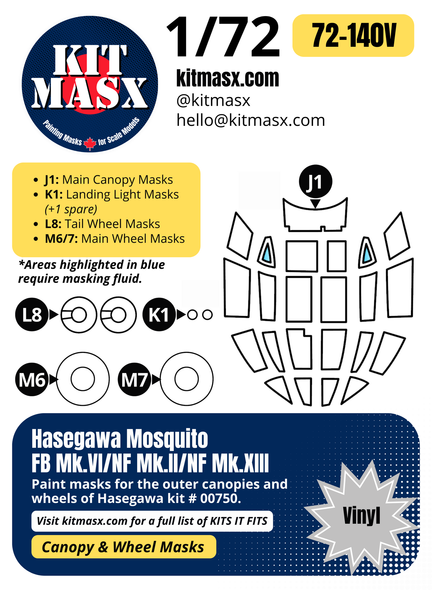 Hasegawa Mosquito FB Mk.VI, FB Mk.18, NF Mk.II, NF Mk.XIII 1/72 Canopy & Wheel Paint Masks, Kit # 00750
