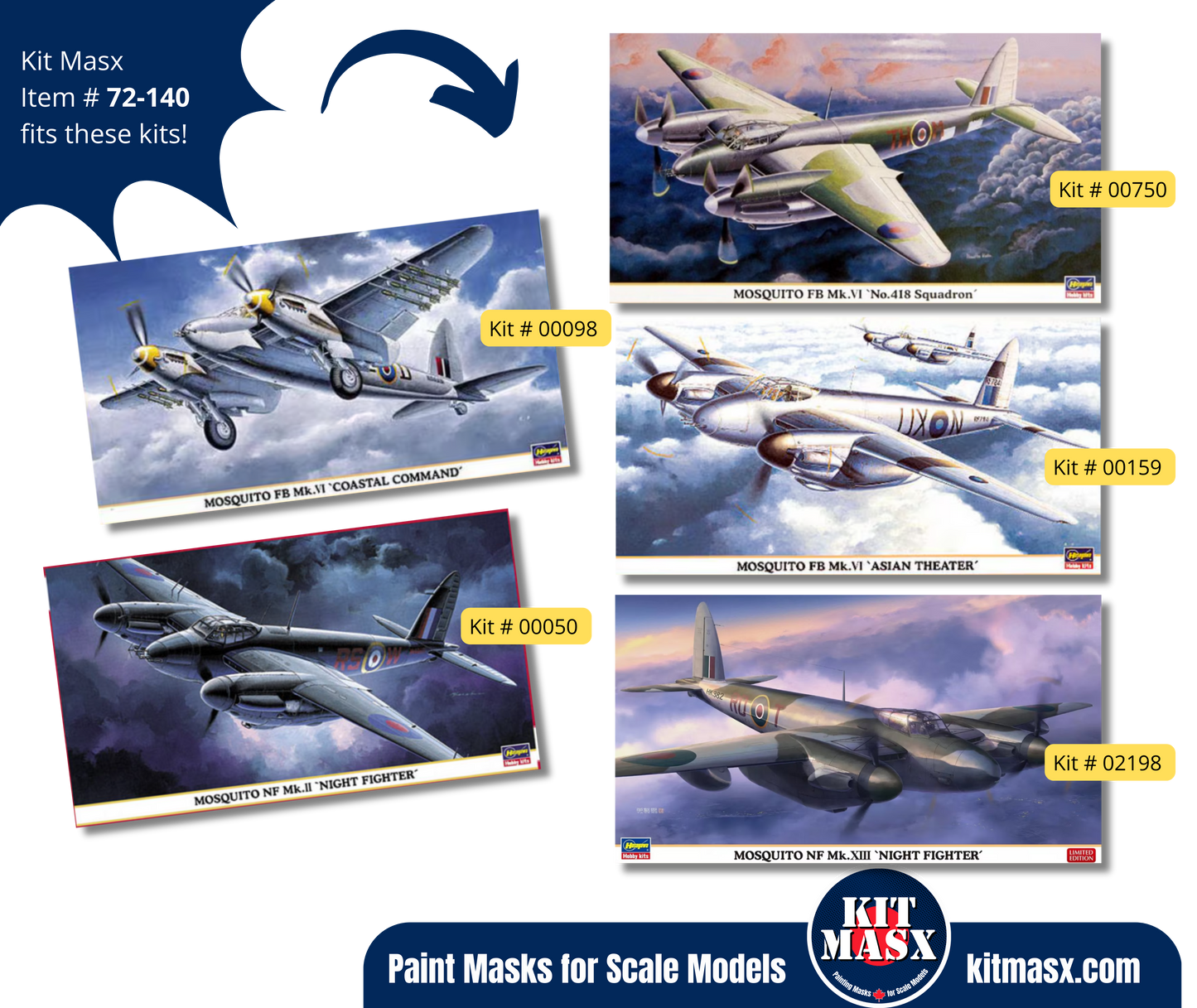 Hasegawa Mosquito FB Mk.VI, FB Mk.18, NF Mk.II, NF Mk.XIII 1/72 Canopy & Wheel Paint Masks, Kit # 00750