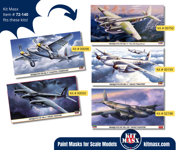 Hasegawa Mosquito FB Mk.VI, NF Mk.II, NF Mk.XIII 1/72 Canopy & Wheel Paint Masks, Kit # 00750